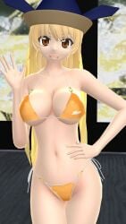 1girls 2023 3d belly_button bikini blonde_hair_female breasts brown_eyes clavicle cleavage deity god hand_on_waist hat hati_yukkuri_mmd headwear hips light-skinned_female long_hair_female looking_at_viewer mmd okina_matara one_arm_up open_mouth solo_female solo_focus swimsuit touhou waist waving_at_viewer yellow_bikini