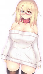 ass_visible_through_thighs bare_shoulders blonde_hair blush breasts cleavage collar female glasses gradient gradient_background kubiwa_(kutan) kutan large_breasts long_hair looking_at_viewer original red_eyes solo sweater thighhighs