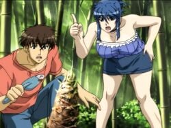 1boy 1girls angry bamboo bamboo_forest bamboo_shoot bare_shoulders black_hair blue_hair breasts cleavage fushimi_kenta large_breasts no_sex open_eyes open_mouth sanjou_miku screencap shimai_tsuma_3 shimaizuma_3 shovel tights