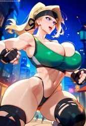 2d ai_generated big_breasts blonde_hair female female_focus female_only fight green_sports_bra highleg mortal_kombat night outdoors panties ponytail solo solo_female solo_focus sonya_blade sports_bra tagme