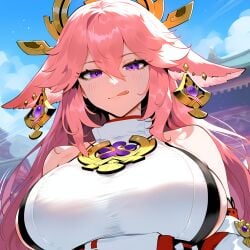 ai_generated animal_ears blush breasts female genshin_impact huge_breasts juuicyai pink_hair purple_eyes sweat yae_miko