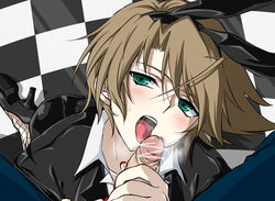 2boys animal_ears blush brown_hair cardfight!!_vanguard drooling erection fellatio green_eyes handjob kai_toshiki licking looking_at_viewer male_only multiple_boys oral penis pov saliva steam sweat tongue tongue_out yaoi