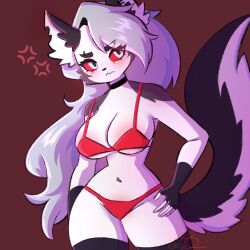 1girls anthro beautiful big_breasts bikini black_fur black_gloves black_handwear blush breasts canid canid_demon canine canis choker clothed clothing cross-popping_vein demon demon_girl ear_piercing ears embarrassed embarrassed_expression embarrassed_female eyelashes female fingerless_gloves fur furry gloves goth goth_girl grey_fur grey_hair hellaverse hellhound helluva_boss humanoid lakashb12 legwear long_hair long_tail looking_away looking_to_the_side loona_(helluva_boss) mammal mythological_canine mythological_creature mythology navel necklace notched_ear panties red_bra red_panties red_sclera red_underwear sexy simple_background small_waist solo stockings tail thick_eyelashes thick_thighs thighhighs two-tone_body two-tone_fur two-tone_tail vivienne_medrano vivziepop white_body white_eyes white_fur wide_hips wolf wolf_girl