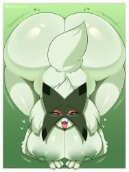 2023 2024 3:4 anthro areola ass big_breasts big_butt blush breasts digital_media_(artwork) female fur generation_9_pokemon glistening glistening_body gradient_background green_body heart_symbol hi_res huge_butt looking_at_viewer meowscarada nintendo nipples open_mouth pokemon pokemon_(species) simple_background smile solo startop tail teeth tongue tongue_out