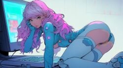 ai_assisted ai_generated bodysuit computer_monitor orz panties_aside pubic_hair purple_hair pussy pussy_juice uncensored