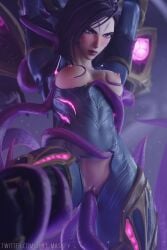 angry blush bodysuit breasts highres kai'sa league_of_legends nipples non-web_source purple_eyes purple_hair restrained tentacle tentacle_sex torn_clothes vaginal_penetration