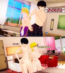 2boys 3d big_ass big_butt black_hair blonde_hair cock_size_difference death_battle enm femboy giorno_giovanna huge_cock jojo's_bizarre_adventure joker_(persona) koikatsu male male/male male_only persona persona_5 ren_amamiya sayoblack size_comparison size_difference small_penis text text_box