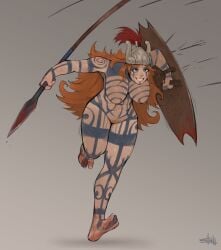 bodypaint female_warrior grin hanging_breasts helmet large_breasts long_hair nude orange_hair running shield simple_background solo spear stuuuuh warrior