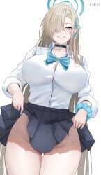 asuna_(blue_archive) blonde_hair blue_archive blue_eyes blue_ribbon choker hair_ornament hair_over_one_eye hair_ribbon halo ilsksh large_breasts looking_at_viewer no_panties school_uniform skirt_lift smile white_shirt