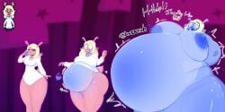 1girls 2d belly_inflation big_ass big_belly big_breasts blonde_hair blue_body blueberry_inflation breasts color deltarune deltarune_chapter_2 english_text female female_only food fruit gardegu horns inflation lactation leaking noelle_holiday sunken_limbs text