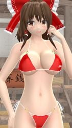 1girls 2023 3d adult_female belly_button bikini blush breasts brown_eyes brown_hair_female clavicle cleavage donation_box hair_wraps hand_on_hair hati_yukkuri_mmd hips light-skinned_female mmd one_arm_up open_mouth outdoors red_bikini red_ribbon reimu_hakurei shrine shy solo_female solo_focus stairs swimsuit tied_hair touhou waist