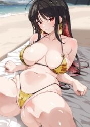 bare_shoulders beach big_breasts bikini blanket breasts cameltoe collarbone colored_inner_hair earrings female floral_print goddess_of_victory:_nikke gold_bra gold_earrings gold_thong hanchou_(shirokun555) highres jewelry large_breasts light_blush long_hair looking_at_viewer moran_(nikke) multicolored_hair navel red_eyes sand sitting spread_legs stomach swimsuit thighs thong_bikini watermark