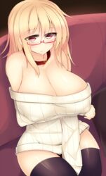 1girls bare_shoulders blonde_hair blush breasts cleavage collar covered_nipples curvy erect_nipples female glasses hair huge_breasts kubiwa_(kutan) kutan long_hair looking_at_viewer original red_eyes ribbed_sweater sitting solo sweater thighhighs wide_hips