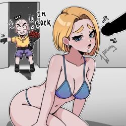 !! 1girl 2boys android18art android_18 bald bald_man belly_button black_cock black_penis blonde blonde_female blonde_hair blonde_hair_female blue_eyes blue_eyes_female boobs breasts cheating cheating_wife cleavage cuckold dark-skinned_male dark_skin dragon_ball dragon_ball_super dragon_ball_z english english_text interracial krillin kuririn light-skinned_female light-skinned_male light_skin milf mother mr_popo netorare roses text unseen_male_face wife