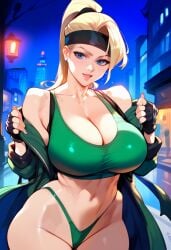 2d ai_generated big_breasts blonde_hair female female_focus female_only green_sports_bra highleg mortal_kombat night outdoors panties ponytail solo solo_female solo_focus sonya_blade sports_bra tagme