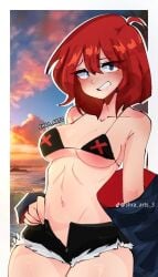 bikini_top blue_eyes female oc original original_character red_hair short_shorts shorts shra_arts