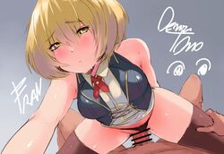 armpits blonde_hair bob_cut censored cowgirl_position denizen_tomo female fran_francois_francesca_de_bourgogne god_eater god_eater_2:_rage_burst green_eyes highres male penis ribbon sex short_hair steam straddling straight sweat sweatdrop