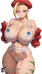 1girls ai_generated alternate_breast_size antenna_hair bare_shoulders beret blonde_hair blue_eyes bow bow_bra bow_panties bra braid breasts cameltoe cammy_white cleavage clenched_hands closed_mouth collarbone cowboy_shot curvy fingerless_gloves garter_belt gloves hat highleg highleg_panties huge_breasts lace_bra large_breasts lingerie long_hair looking_at_viewer navel panties red_gloves red_headwear scar scar_on_cheek scar_on_face simple_background smile solo street_fighter thick_thighs thighs twin_braids underwear underwear_only unjobdespiert white_background white_bra white_panties