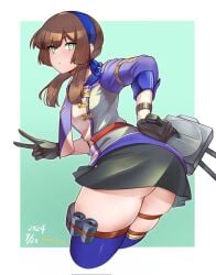 1girls ass ass_focus brown_hair female green_eyes kantai_collection looking_back mogador_(kantai_collection) skirt solo tanyo_12 thick_thighs thigh_squish thigh_strap v