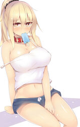 blonde_hair blush breasts collar covered_nipples dog_collar erect_nipples female food food_in_mouth hair ice_cream kubiwa_(kutan) kutan large_breasts long_hair original simple_background solo wet wet_clothes yellow_eyes