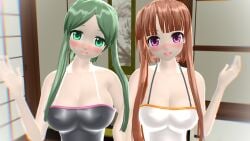 2023 2girls 3d black_swimsuit blurry_background blush breasts brown_hair_female cleavage duo_female duo_focus green_eyes_female green_hair_female hati_yukkuri_mmd holding_arms holding_each_other indoors jpeg light_skinned_female long_hair_female looking_at_viewer mmd nishida_satono one_arm_up open_mouth pink_eyes_female swimsuit teireida_mai touhou white_swimsuit