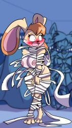 1girls birbpan blush breasts embarrassed female mummy_costume sonic_(series) tagme vanilla_the_rabbit wardrobe_malfunction