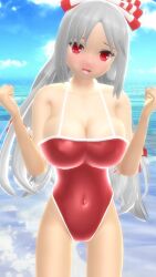 1girls 2023 3d arms_up beach belly_button blue_sky blush breasts cleavage clouds fujiwara_no_mokou hati_yukkuri_mmd human light-skinned_female long_hair_female looking_at_viewer mmd open_mouth outdoors red_eyes red_swimsuit ribbons sky solo_female solo_focus swimsuit touhou water white_hair_female