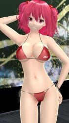 1girls 2023 3d arm_behind_head belly_button bikini breasts clavicle cleavage hairband hand_on_hip hati_yukkuri_mmd hips komachi_onozuka light-skinned_female looking_at_viewer mmd one_arm_up red_bikini red_eyes red_hair_female shinigami short_hair_female smiling_at_viewer solo_female solo_focus swimsuit touhou waist