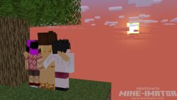 1girls 2boys age_difference ass_focus ass_grab big_breasts bikini boy brown_hair head_on_breasts horny horny_female horny_male huge_breasts milf mine-imator minecraft muscular muscular_male no_dialogue purple_eyes red_eyes skyblock smaller_male sun sun_rise sunset tall_female taller_girl trio trio_focus yellow_bikini