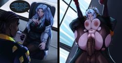 1boy 1girls angela_(lobotomy_corporation) big_balls big_breasts dark-skinned_male full_nelson huge_cock lobotomy_corporation mobi_mobi project_moon ripped_pants stockings thick_thighs