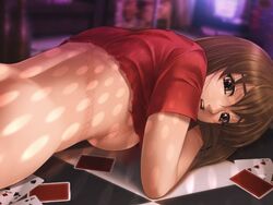 breasts brown_eyes brown_hair elf_(company) female female game_cg hana_to_hebi looking_at_viewer open_mouth playing_card red_shirt short_hair short_sleeves solo tooyama_keiko