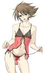 1boy body_hair brown_hair cardfight!!_vanguard flaccid green_eyes kai_toshiki lingerie looking_at_viewer male male_focus male_only muscle negligee penis smile solo solo_male tagme testicles tongue tongue_out trap undressing