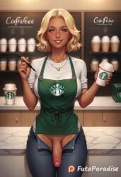 1girls ai_generated barista blonde_hair blue_eyes coffee coffee_cup coffee_shop cute denim denim_jeans detailed dickgirl eye_contact flaccid flaccid_cock flaccid_penis futa_only futanari futaparadise hi_res highres indoors looking_at_viewer necklace penis penis_out smile solo starbucks testicles unzipped