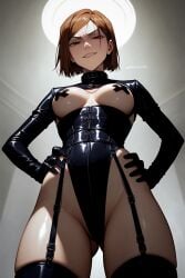 ai_generated big_breasts black_latex black_latex_elbow_gloves black_latex_thighhighs dominant_female dominatrix dominatrix_outfit evil_grin femdom from_below jujutsu_kaisen kugisaki_nobara looking_down_at_viewer low-angle_view sadistic sadistic_smile shadowed_eyes smirk smirking smug smug_expression smug_face smug_smile