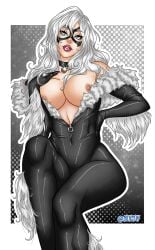 1girls bilnsfw black_cat_(marvel) breasts_out cleavage latex long_hair solo white_hair