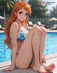 abs ai_generated barefoot bikini bikini_bottoms bikini_top blue_bikini blush cleavage closed_eyes detailed detailed_skin feet_up female female_only from_above full_body knees_up large_breasts long_hair looking_at_viewer lounge_chair luneiai nami_(one_piece) navel navel_focus one_piece orange_hair outdoors palm_tree partially_submerged pool poolside red_nail_polish see-through sitting skin smile solo spread_legs sweat toenail_polish toned toned_female umbrella water_droplets wavy_hair wet wet_clothes