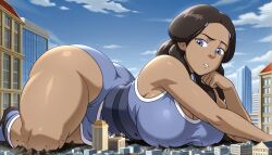 1girls ai_generated ass avatar_the_last_airbender big_ass big_breasts big_butt breasts city clothed clothed_female dark-skinned_female dark_skin female female_focus female_only giantess giga_giantess katara large_ass large_boobs large_breasts large_butt memesrus1234 nickelodeon nicktoons solo solo_female solo_focus thick_thighs thighs water_tribe