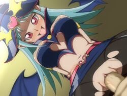 aqua_hair bat_wings belt black_legwear choco_magician_girl chocolate_magician_girl cowgirl_position cute_fang drooling duel_monster dutch_angle female hair hat headgear heart heart_cutout kadokura_umekichi long_hair looking_at_viewer magician_girl midriff miniskirt open_mouth pantyhose red_eyes skirt solo_focus straddling torn_clothes torn_pantyhose wings wizard_hat yu-gi-oh!