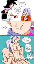 1boy 1girls blush bouncing_breasts breasts cheating_husband closed_eyes core_person cowgirl_position dialogue dragon_ball dragon_ball_af dragon_ball_z earrings erect_nipples female femdom funsexydragonball goddess goku interspecies kaioshin male nipples nude pointy_ears purple_hair riding saiyan sex smile son_goku straight supreme_kai text vaginal_penetration west_supreme_kai