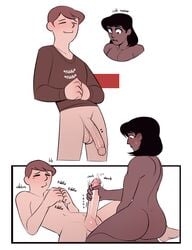 1boy 1girls ass back big_penis black_hair blush bottomless breasts brown_hair closed_eyes dark-skinned_female dark_skin erection female fruit_basket_(jamesab) handjob helen_de_silva_(jamesab) human jamesab large_penis light-skinned_male male non_canon nude original_character penis penis_awe precum sex shirt short_hair shy sitting straight testicles text veins veiny_penis