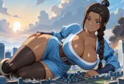 1girls ai_generated avatar_the_last_airbender big_breasts breasts city clothed clothed_female dark-skinned_female dark_skin female female_focus female_only giantess katara large_boobs large_breasts memesrus1234 nickelodeon nicktoons solo solo_female solo_focus thick_thighs thighs water_tribe