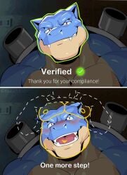 beige_skin blastoise blue_skin blushing brown_eyes brown_shell camera_pov cannon dual_cannons egg_concept fangs flustered male_only meme musclegut muscular muscular_male nintendo pokemon reptile reptile_humanoid scan scanner shell solo strongfat turtle_humanoid turtle_shell two-tone_body