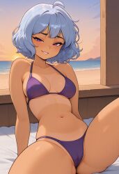 1girls ai ai_generated apricot_skin ass beach bed bedroom blue_hair bra breasts civitai cleavage coily_hair cookiasncream curly_hair curtains dark-skinned_female dark_nipples dark_skin day fat_ass fat_female female female_only g-string g-string_only ka-eli_xyovka kaybur_(series) la_coroneta_(series) lingerie looking_at_viewer milf nervous orange_skin orange_skinned_female poor_lighting pov pov_eye_contact purple_bra purple_lingerie reclining reclining_pose sand short_hair shy shy_expression shy_girl sitting smirk smirking solo stockings stockings_only sunset tan tan_body tan_skin tanned tanned_female tanned_skin thin_female tiny_breasts