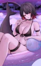 arm_strap ball beachball bikini black_bikini black_choker black_hair breasts choker cleavage collarbone colored_inner_hair ellen_joe feet_out_of_frame female fins fish_tail front-tie_bikini_top front-tie_top half-closed_eyes halterneck highres innertube kushinaka large_breasts looking_at_viewer mole mole_under_eye multi-strapped_bikini_bottom multicolored_hair navel on_innertube open_mouth red_eyes red_hair shark_girl shark_tail sharp_teeth short_hair side-tie_bikini_bottom skindentation solo stomach strap_pull string_bikini swim_ring swimsuit tail teeth thigh_strap zenless_zone_zero