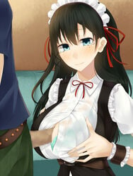 black_hair blue_eyes blush bra breast_squeeze breasts censored clothing collared_shirt embarrassed eyebrows eyebrows_visible_through_hair female highres indoors kurasaki_aya large_breasts long_hair looking_at_another maid maid_headdress mole mole_under_eye mosaic_censoring original osananajimi_na_fuyuka-chan_wa_motto_shounen_ni_kamatte_hoshii_you_desu outercourse paizuri penis perpendicular_paizuri short_sleeves solo_focus standing tears unbuttoned upper_body wrist_cuffs