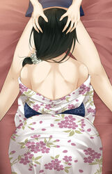 ass back bare_shoulders bed black_hair bottomless fellatio female from_behind hand_on_head highres japanese_clothes kurasaki_aya legs long_hair lying no_bra on_bed open_clothes oral original osananajimi_na_fuyuka-chan_wa_motto_shounen_ni_kamatte_hoshii_you_desu ponytail solo_focus thighs tied_hair