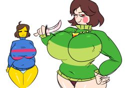 2girls belly belly_button big_breasts blush breasts brown_body brown_hair brown_skin chara chara_(undertale) child_bearing_hips chubby chubby_female closed_eyes female female_chara female_frisk frisk frisk_(undertale) giant_breasts heart_necklace huge_breasts knife large_breasts massive_breasts medium_hair mojo_montebon necklace neutral_expression nipples nipples_visible_through_clothing no_bra pale-skinned_female pale_skin pale_skinned_female panties red_eyes smug smug_eyes smug_face smug_smile sweater thick thick_hips thick_legs thick_thighs undertale undertale_(series) white_body white_skin