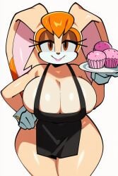 1girls ai_generated bursting_breasts cupcake cupcakes from_above gigantic_breasts hand_on_hip holding huge_breasts kimmythefem milf naked_apron slim_waist solo sonic_(series) sonic_the_hedgehog_(series) thick_thighs vanilla_the_rabbit wide_hips