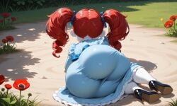 1female 1girls ai_generated ass ass_bigger_than_head ass_focus ass_visible_through_clothes big_ass black_high_heels blue_dress curly_hair dress female female_focus female_only flowers grass high_heels huge_ass mob_entertainment mob_games on_ground outdoors outside pixai poppy_(poppy_playtime) poppy_playtime red_hair ribbons rogue_dat_ass_(meme) short_stack shortstack solo solo_female solo_focus tagme twintails urikoito white_skin
