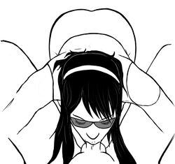 black_hair closed_eyes deepthroat fellatio female greyscale hair hawkeye headband kate_bishop marvel monochrome oral penis sunglasses young_avengers